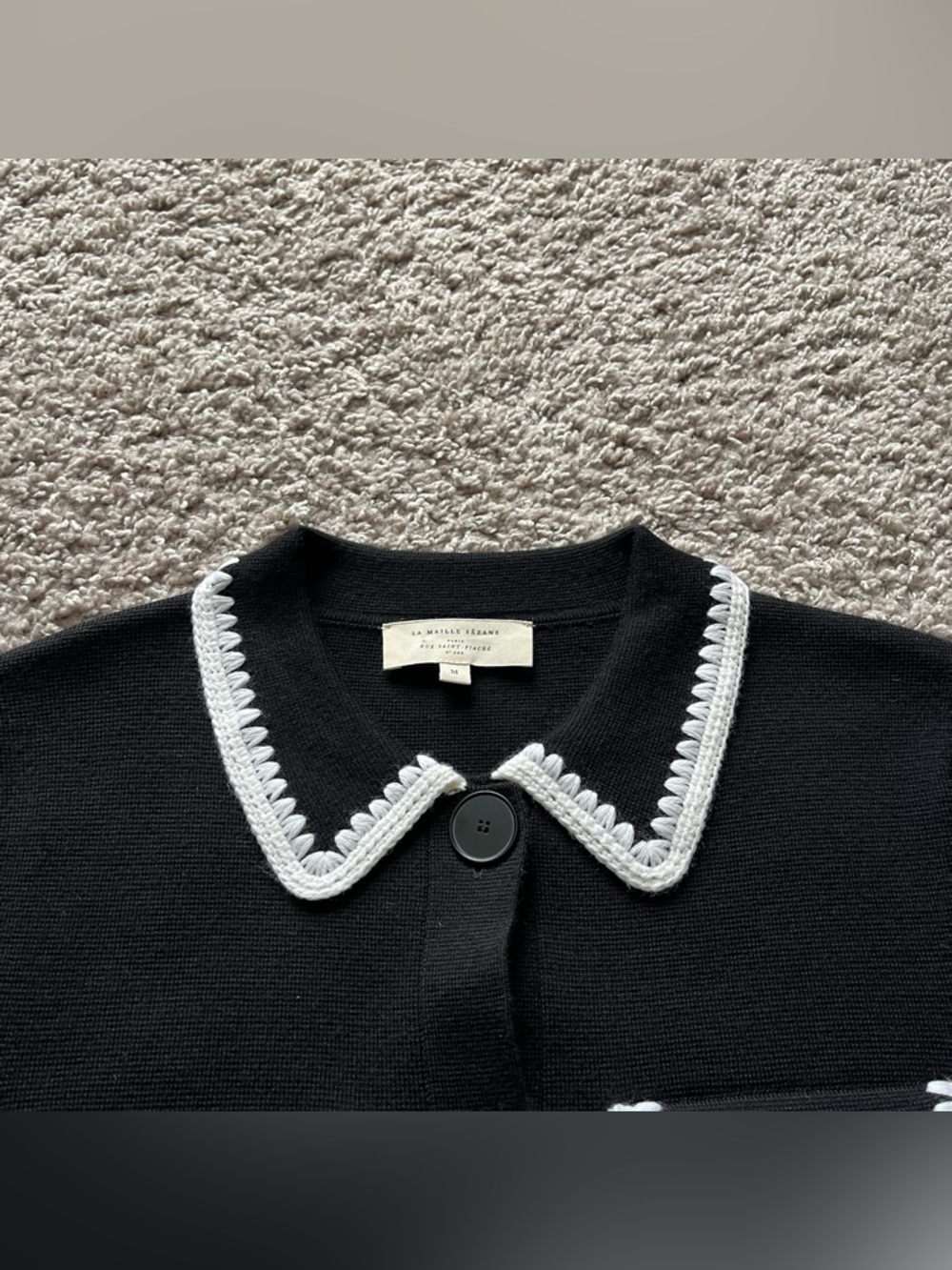 Women's Sezane Betty Cardigan in Black and Ecru Crochet size Medium 100% Merino - Picture 7 of 11